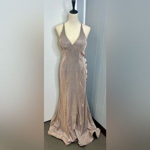 Prom Dress, evening gown fitted with v-neckline champ/Glitter Jersey Material